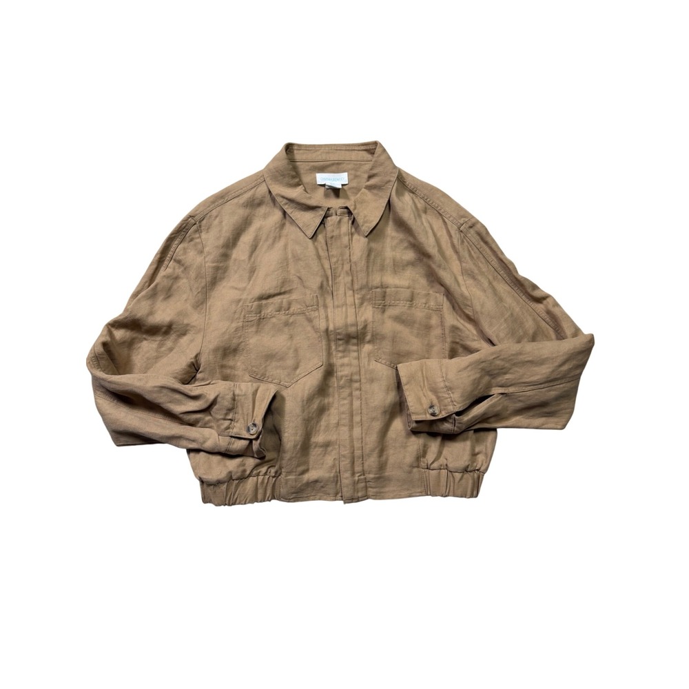 Cynthia Rowley Tan Linen Blend Zip Up Bomber Utility‎ Jacket Womens Medium M